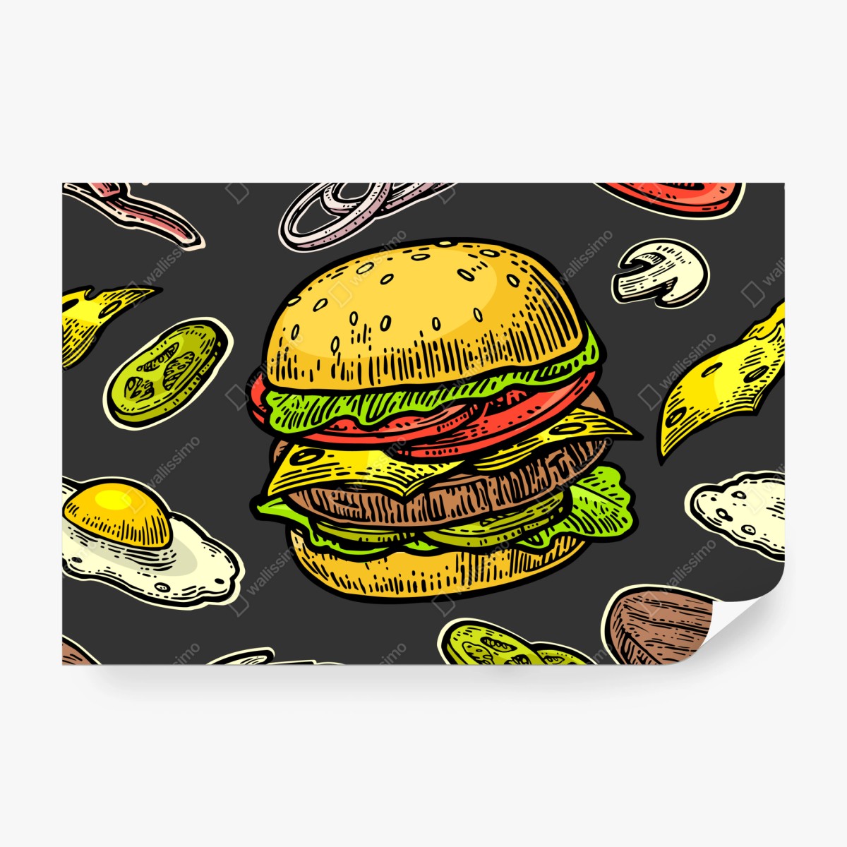 Fototapeta kolorowy wzór z burgerem i składnikami – Wallissimo® Fototapeta kolorowy wzór z burgerem i składnikami – Wallissimo®