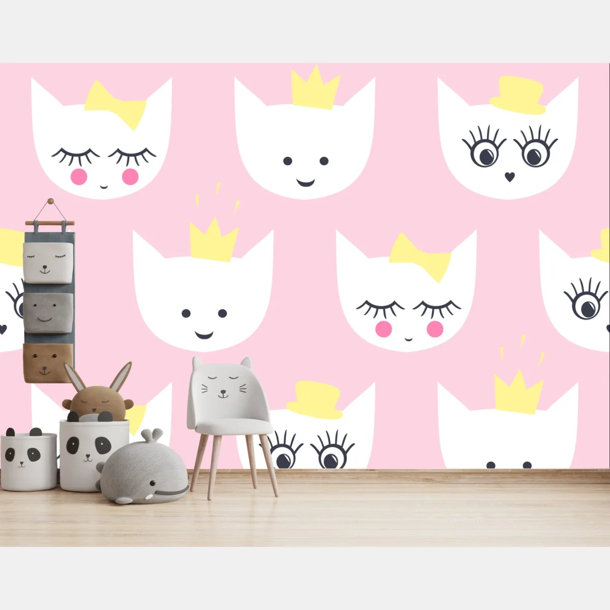 Fototapeta różowy wzór z kocimi buźkami – Wallissimo® Fototapeta różowy wzór z kocimi buźkami – Wallissimo®