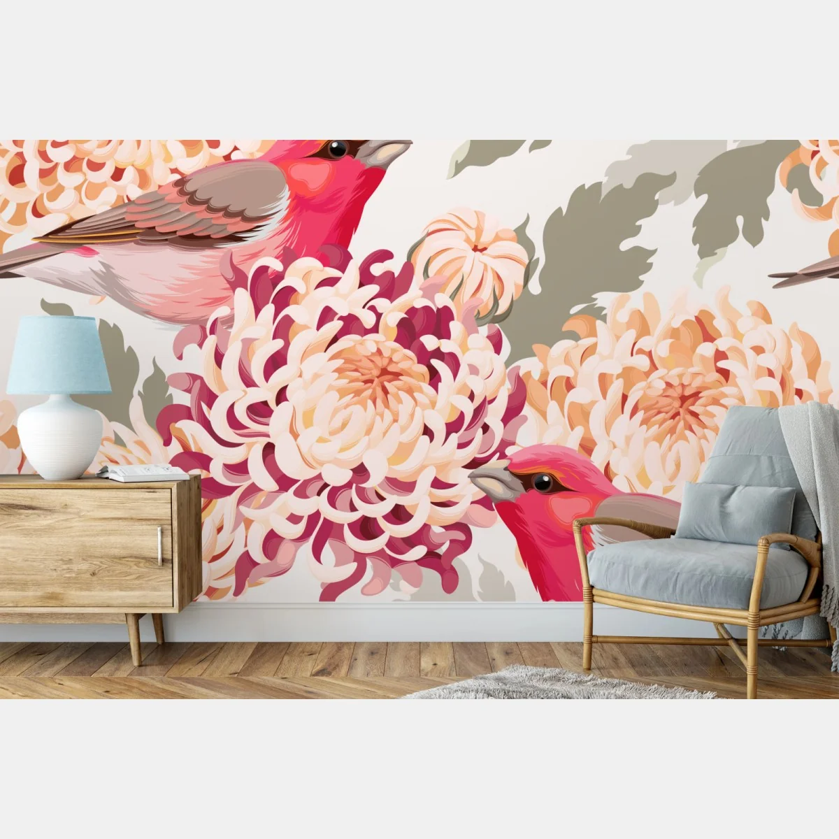 Fototapeta różowe ptaki i wzór z chryzantemami – Wallissimo® Fototapeta różowe ptaki i wzór z chryzantemami – Wallissimo®