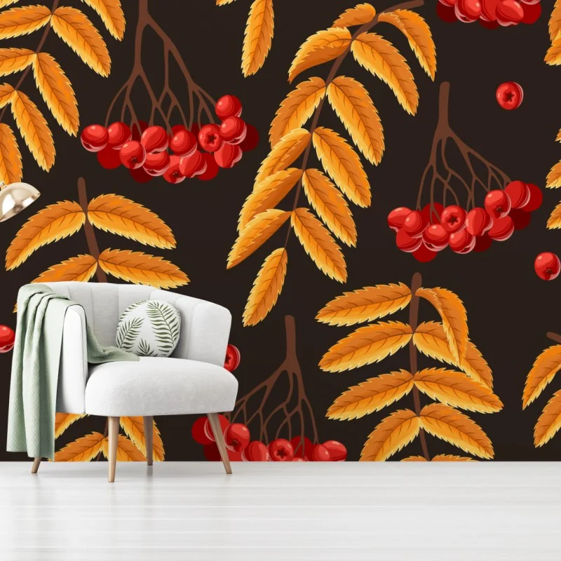 Fototapeta jesienny wzór z liśćmi jarzębiny – Wallissimo®