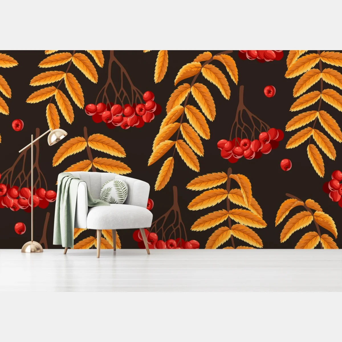 Fototapeta jesienny wzór z liśćmi jarzębiny – Wallissimo®