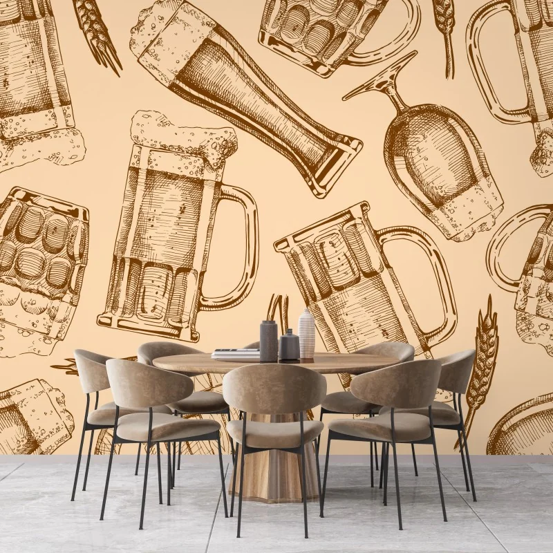 Fototapeta retro wzór z kuflami piwa – Wallissimo® Fototapeta retro wzór z kuflami piwa – Wallissimo®