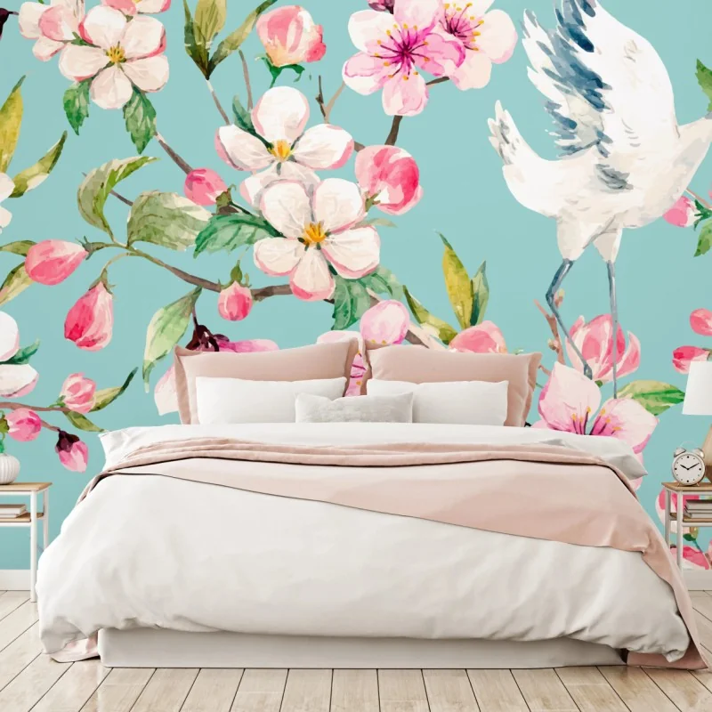 Fototapeta turkusowy wzór kwitnącej wiśni i żurawia – Wallissimo® Fototapeta turkusowy wzór kwitnącej wiśni i żurawia – Wallissimo®