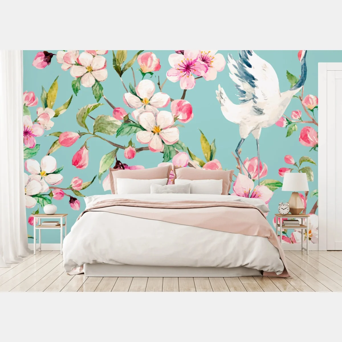 Fototapeta turkusowy wzór kwitnącej wiśni i żurawia – Wallissimo® Fototapeta turkusowy wzór kwitnącej wiśni i żurawia – Wallissimo®