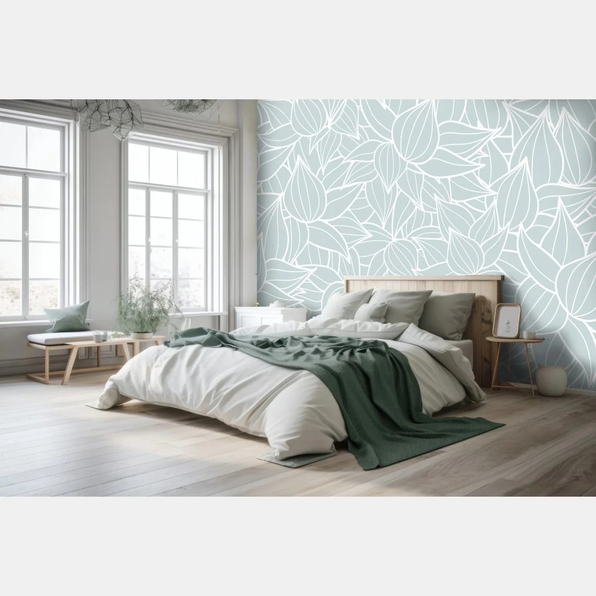 Fototapeta delikatny turkusowy wzór liści – Wallissimo® Fototapeta delikatny turkusowy wzór liści – Wallissimo®