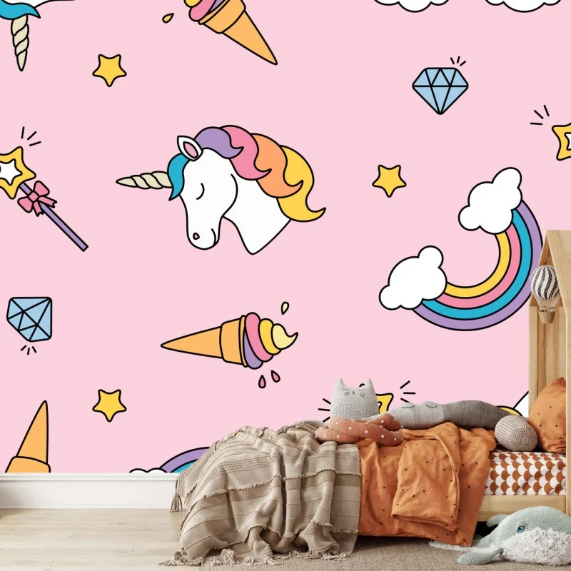 Fototapeta pastelowy wzór z jednorożcami i tęczami – Wallissimo® Fototapeta pastelowy wzór z jednorożcami i tęczami – Wallissimo®