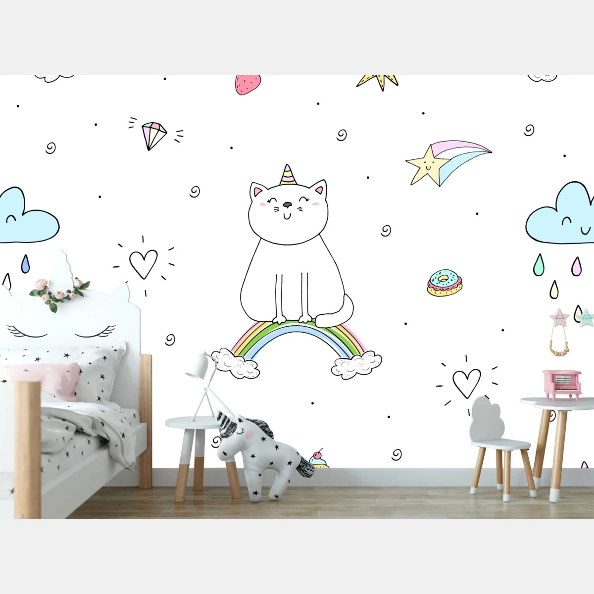 Fototapeta pastelowy kot jednorożec na tęczy – Wallissimo® Fototapeta pastelowy kot jednorożec na tęczy – Wallissimo®