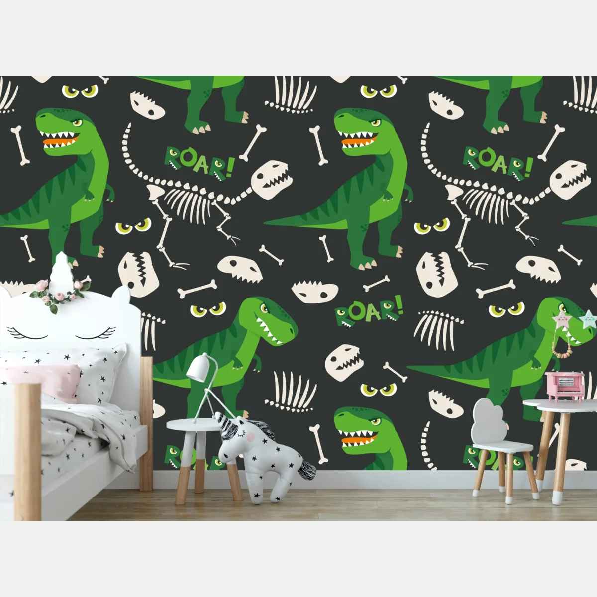 Fototapeta wesoły zielony t-rex wzór – Wallissimo® Fototapeta wesoły zielony t-rex wzór – Wallissimo®