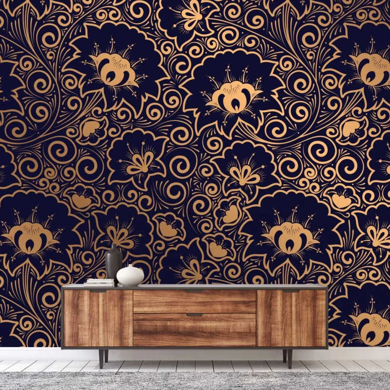 Fototapeta luksusowy złoty wzór kwiatowy na ciemnym tle – Wallissimo® Fototapeta luksusowy złoty wzór kwiatowy na ciemnym tle – Wallissimo®