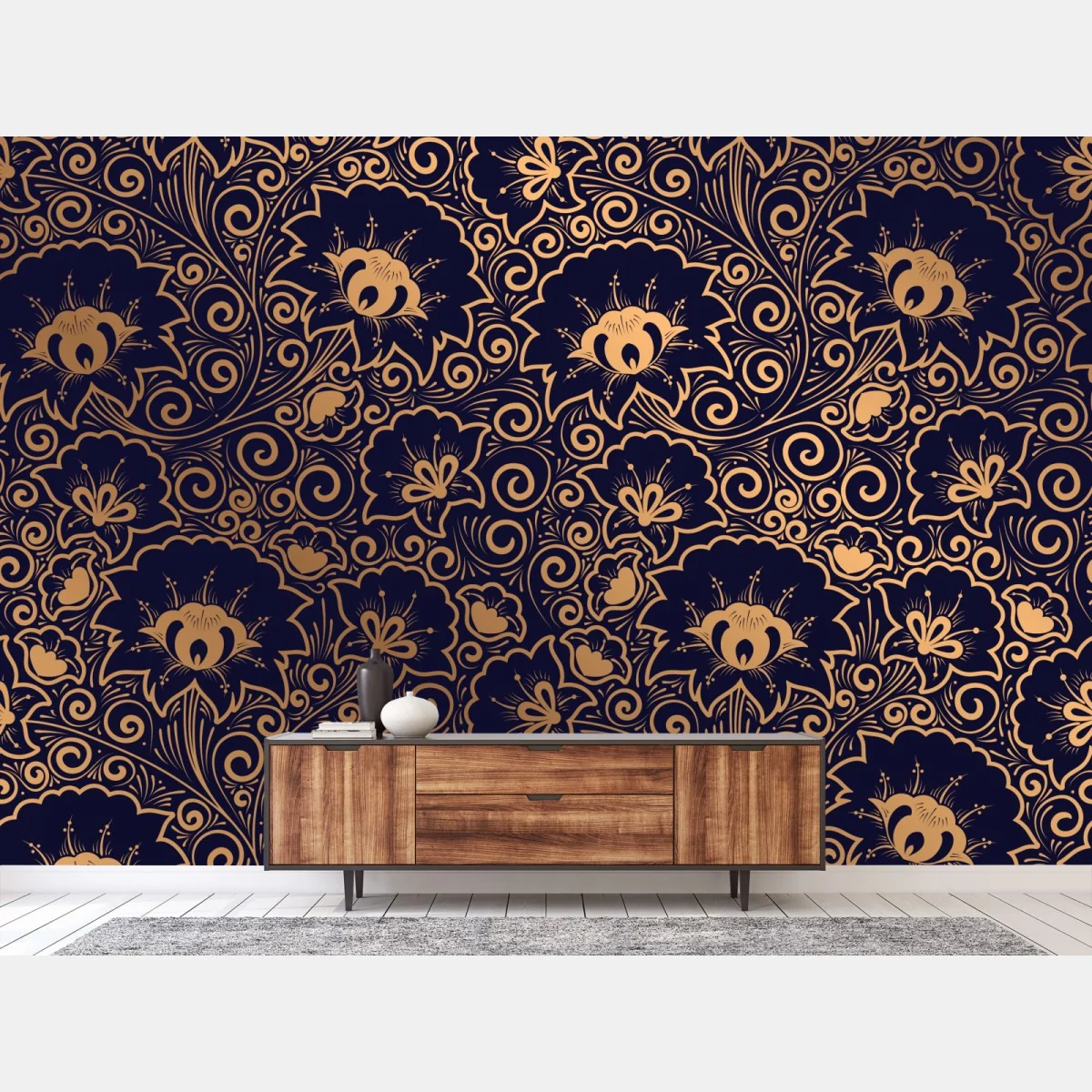 Fototapeta luksusowy złoty wzór kwiatowy na ciemnym tle – Wallissimo® Fototapeta luksusowy złoty wzór kwiatowy na ciemnym tle – Wallissimo®
