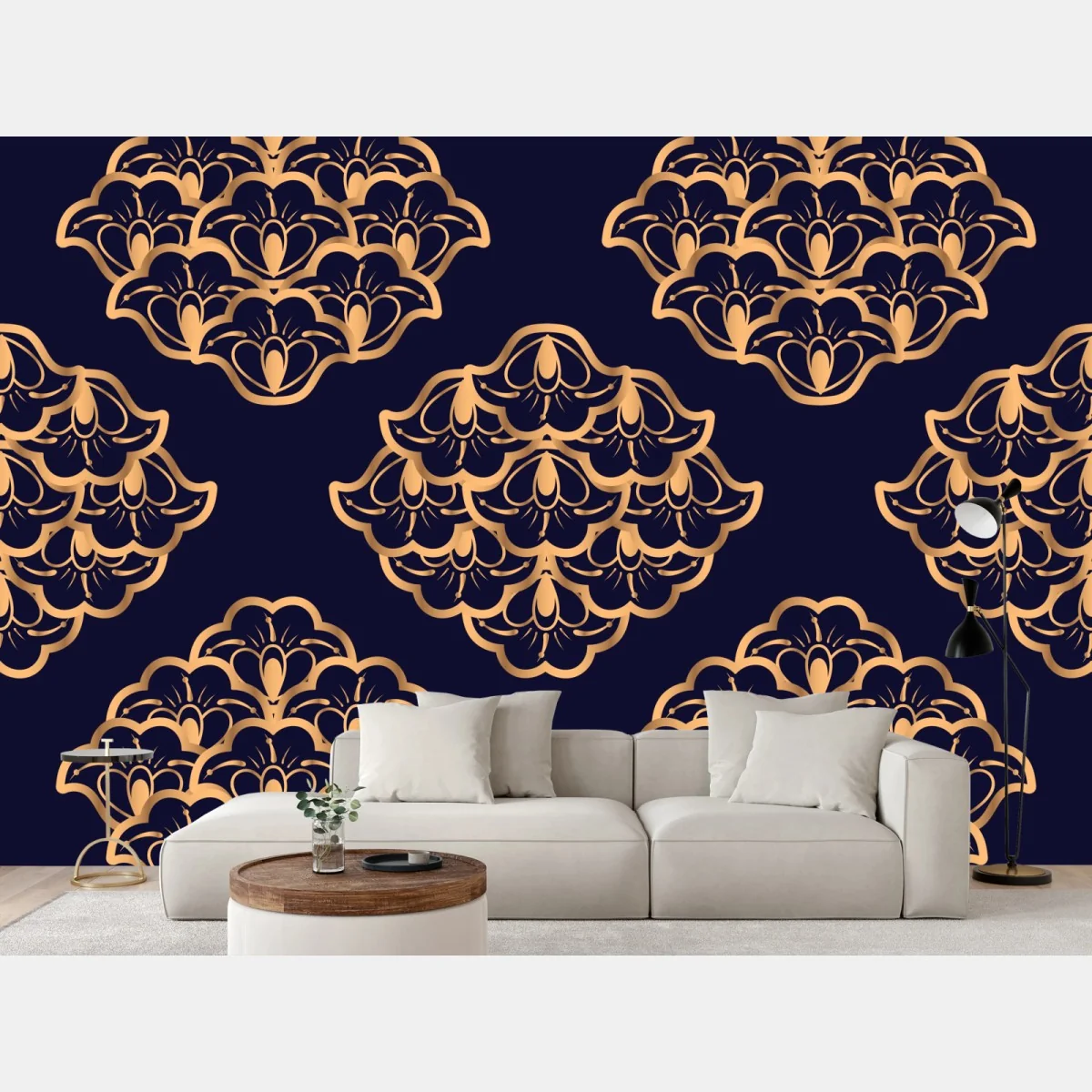 Fototapeta złoty wzór damaskowy na granatowym tle – Wallissimo® Fototapeta złoty wzór damaskowy na granatowym tle – Wallissimo®
