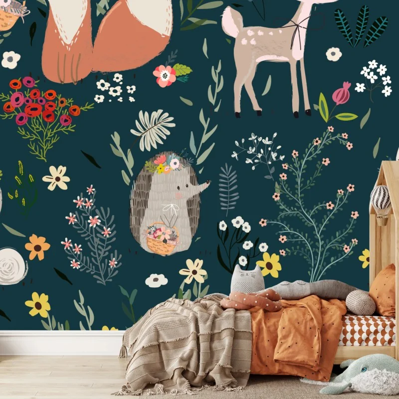 Fototapeta leśni przyjaciele - kwiatowy wzór do pokoju dziecięcego – Wallissimo® Fototapeta leśni przyjaciele - kwiatowy wzór do pokoju dziecięcego – Wallissimo®