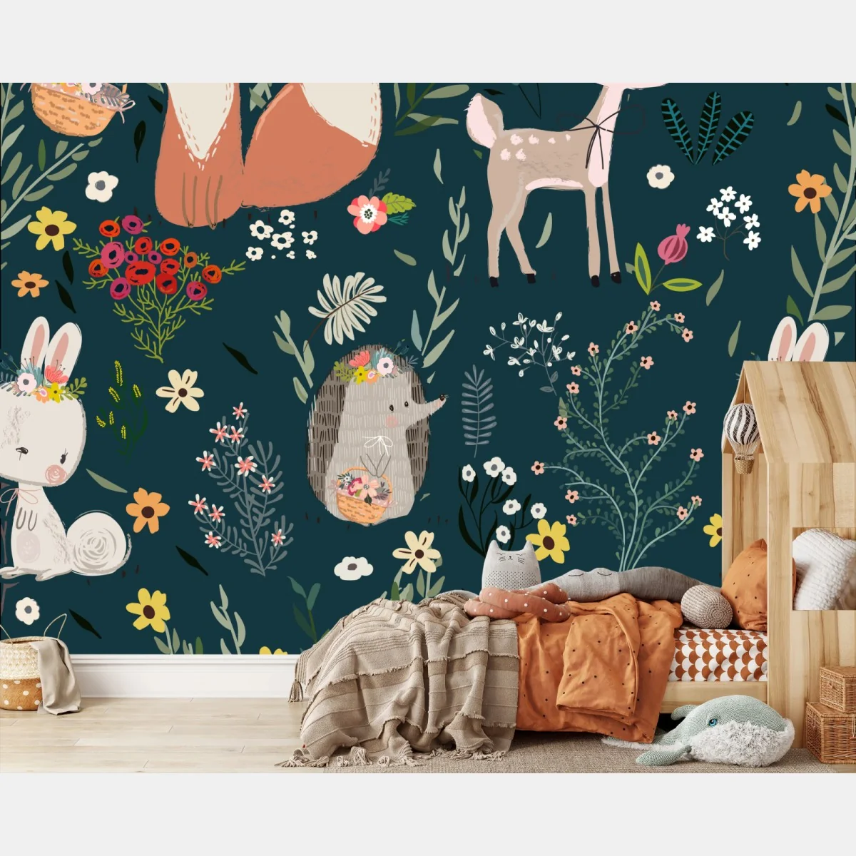 Fototapeta leśni przyjaciele - kwiatowy wzór do pokoju dziecięcego – Wallissimo® Fototapeta leśni przyjaciele - kwiatowy wzór do pokoju dziecięcego – Wallissimo®