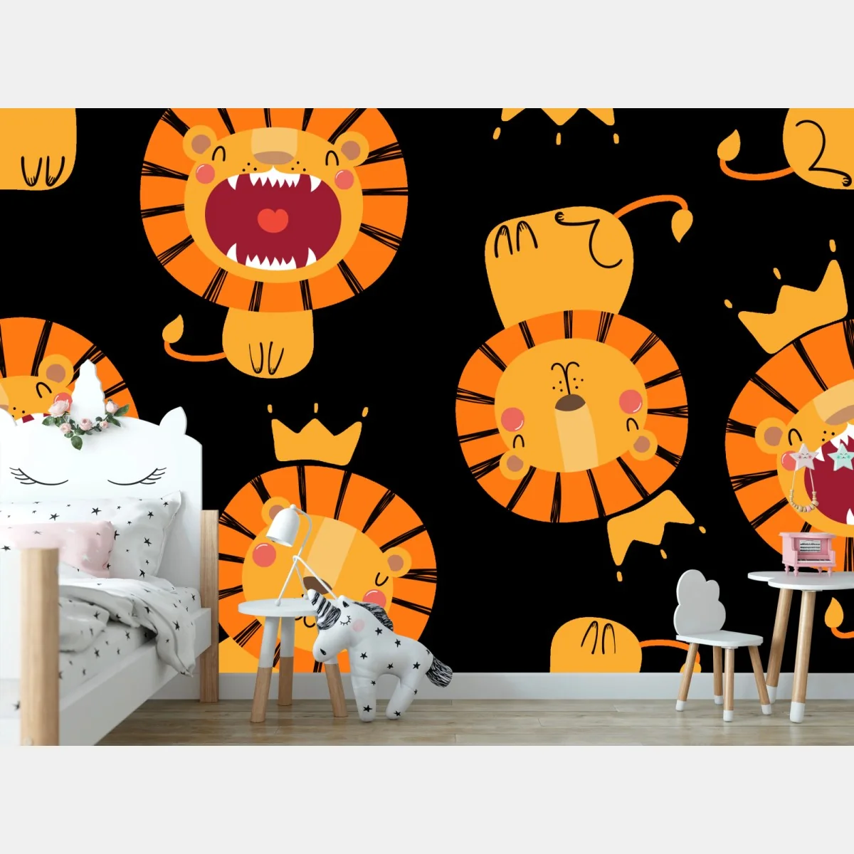 Fototapeta wesoły wzór lwów na czarnym tle – Wallissimo® Fototapeta wesoły wzór lwów na czarnym tle – Wallissimo®