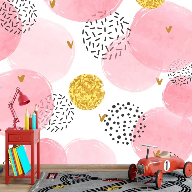 Fototapeta różowy akwarelowy wzór z okręgami i złotymi akcentami – Wallissimo® Fototapeta różowy akwarelowy wzór z okręgami i złotymi akcentami – Wallissimo®