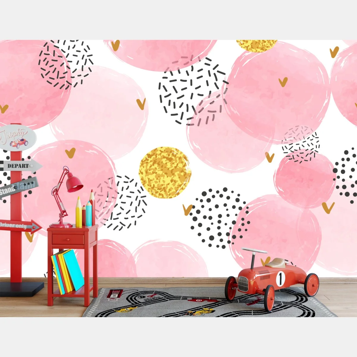 Fototapeta różowy akwarelowy wzór z okręgami i złotymi akcentami – Wallissimo® Fototapeta różowy akwarelowy wzór z okręgami i złotymi akcentami – Wallissimo®