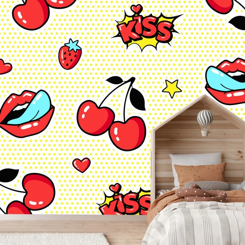 Fototapeta zabawny pop art wzór z wisienkami i całusem – Wallissimo® Fototapeta zabawny pop art wzór z wisienkami i całusem – Wallissimo®