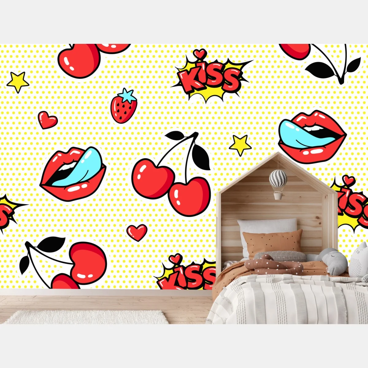 Fototapeta zabawny pop art wzór z wisienkami i całusem – Wallissimo® Fototapeta zabawny pop art wzór z wisienkami i całusem – Wallissimo®