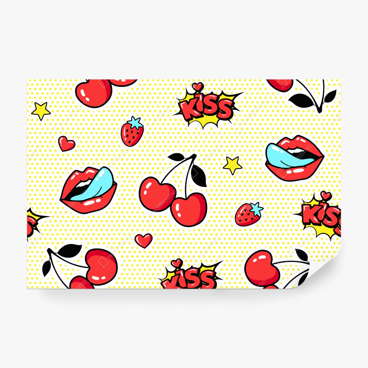 Fototapeta zabawny pop art wzór z wisienkami i całusem – Wallissimo® Fototapeta zabawny pop art wzór z wisienkami i całusem – Wallissimo®