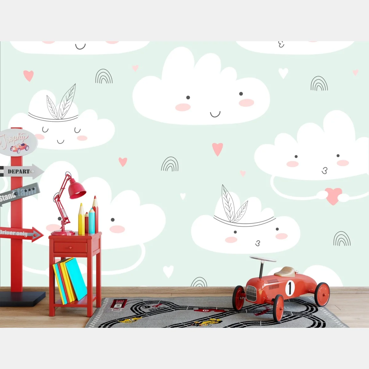 Fototapeta uśmiechnięte chmurki pastelowy wzór – Wallissimo® Fototapeta uśmiechnięte chmurki pastelowy wzór – Wallissimo®