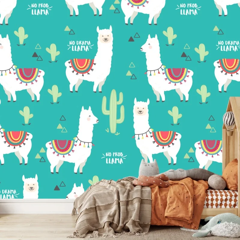 Fototapeta radosny wzór z lamami na turkusowym tle – Wallissimo® Fototapeta radosny wzór z lamami na turkusowym tle – Wallissimo®