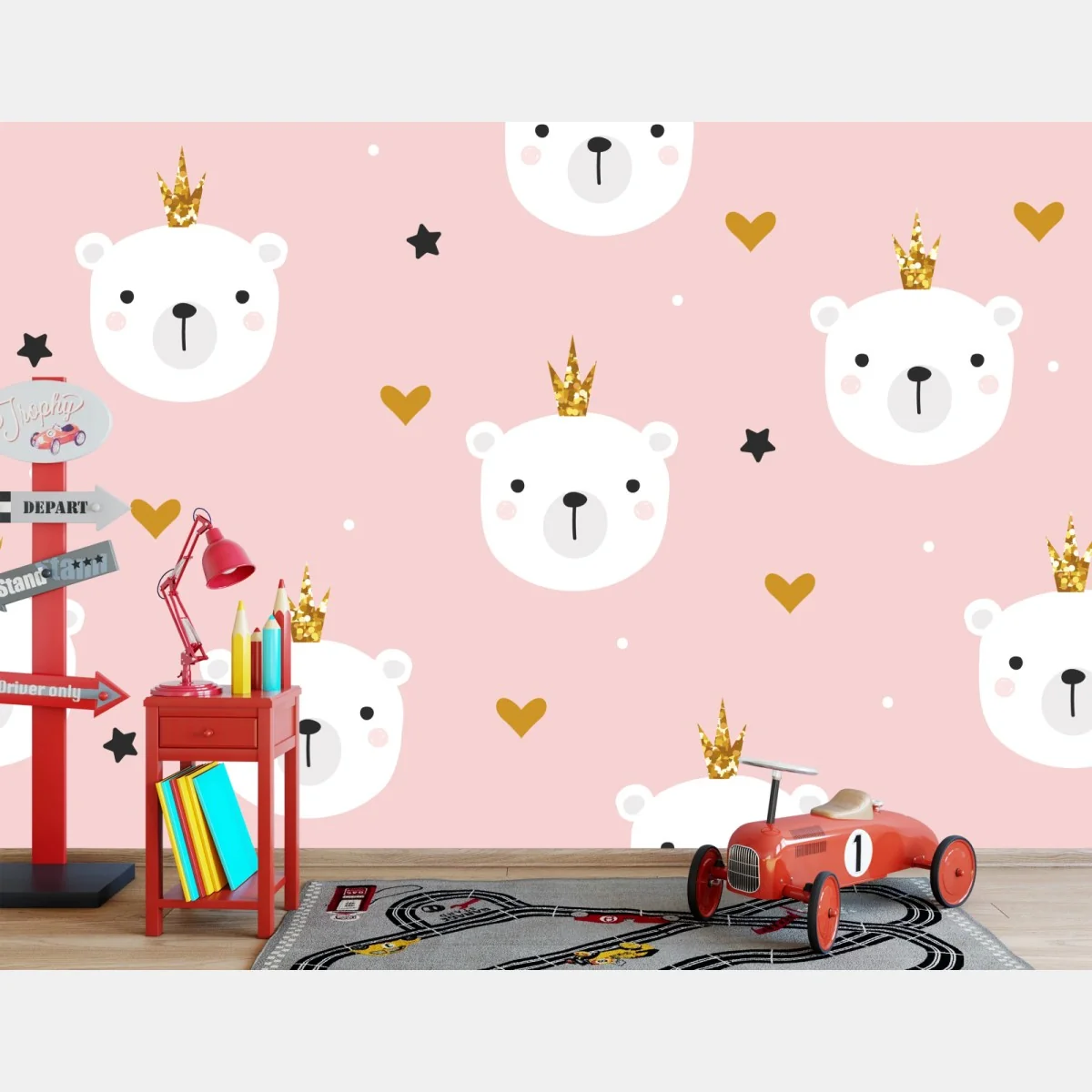Fototapeta słodki wzór z niedźwiedziami w koronach do pokoju dziecka – Wallissimo® Fototapeta słodki wzór z niedźwiedziami w koronach do pokoju dziecka – Wallissimo®