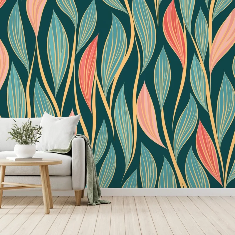 Fototapeta botaniczny wzór liści w turkusie i koralu – Wallissimo® Fototapeta botaniczny wzór liści w turkusie i koralu – Wallissimo®