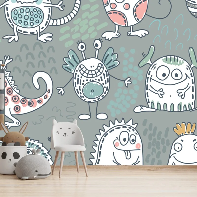 Fototapeta zabawny pastelowy wzór potworów – Wallissimo® Fototapeta zabawny pastelowy wzór potworów – Wallissimo®