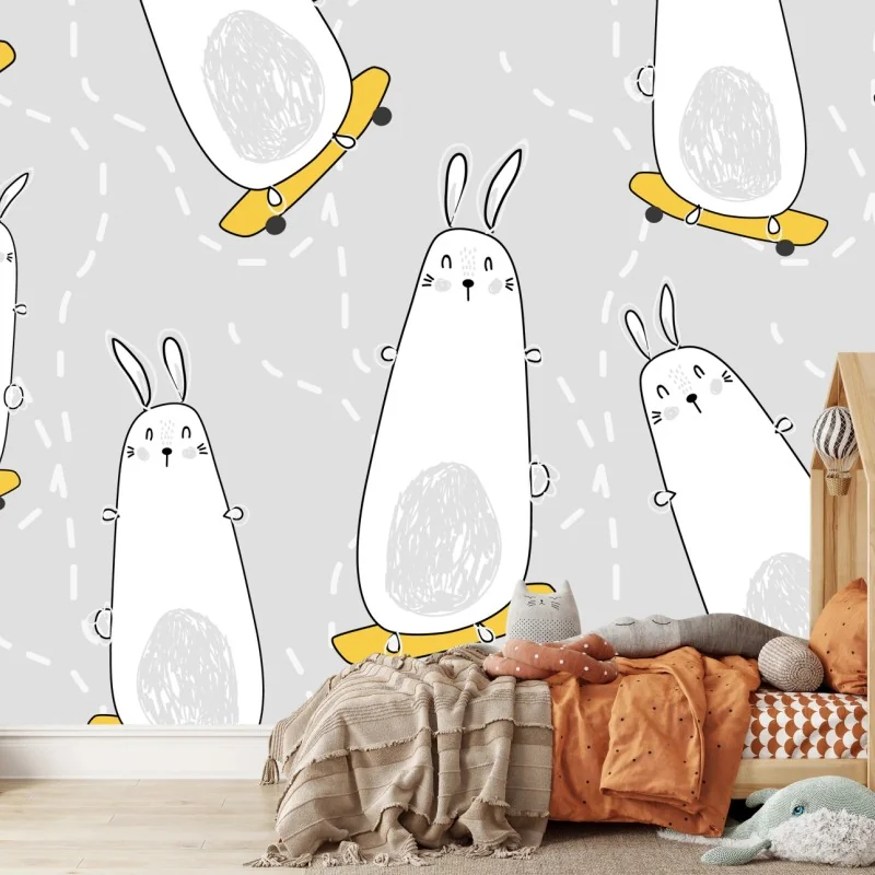 Fototapeta zabawne króliki na deskorolkach – Wallissimo® Fototapeta zabawne króliki na deskorolkach – Wallissimo®