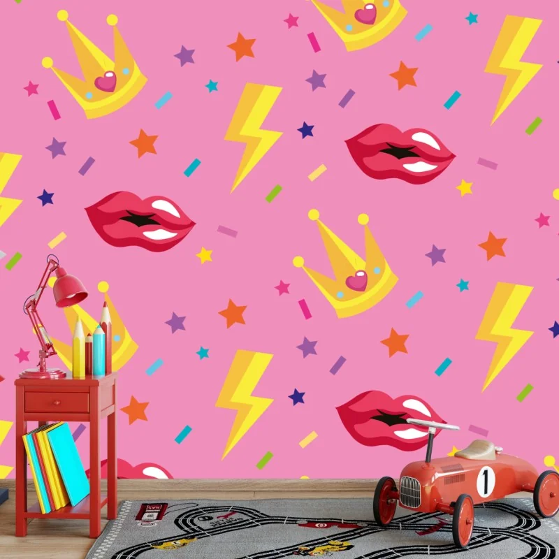 Fototapeta zabawny wzór księżniczki z koronami i ustami – Wallissimo® Fototapeta zabawny wzór księżniczki z koronami i ustami – Wallissimo®