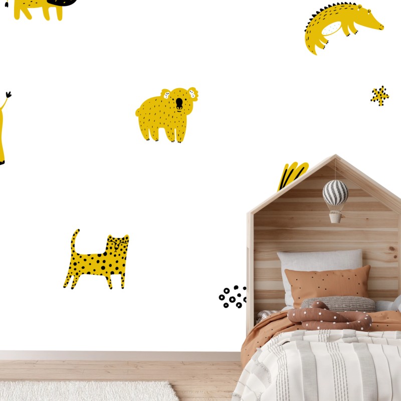 Fototapeta zabawny żółty wzór z dzikimi zwierzętami – Wallissimo® Fototapeta zabawny żółty wzór z dzikimi zwierzętami – Wallissimo®