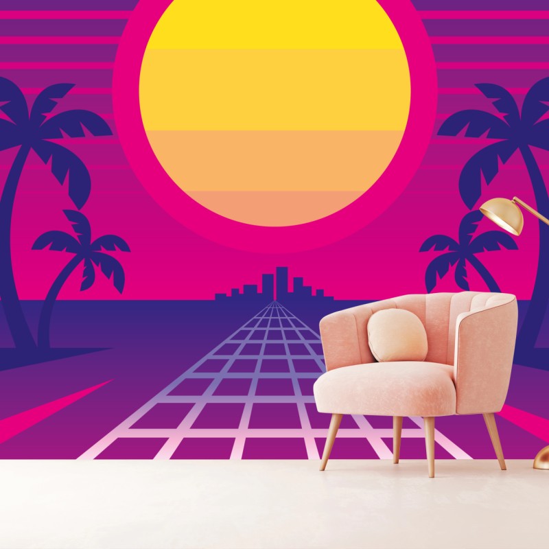 Fototapeta neonowy zachód słońca nad miastem – Wallissimo® Fototapeta neonowy zachód słońca nad miastem – Wallissimo®