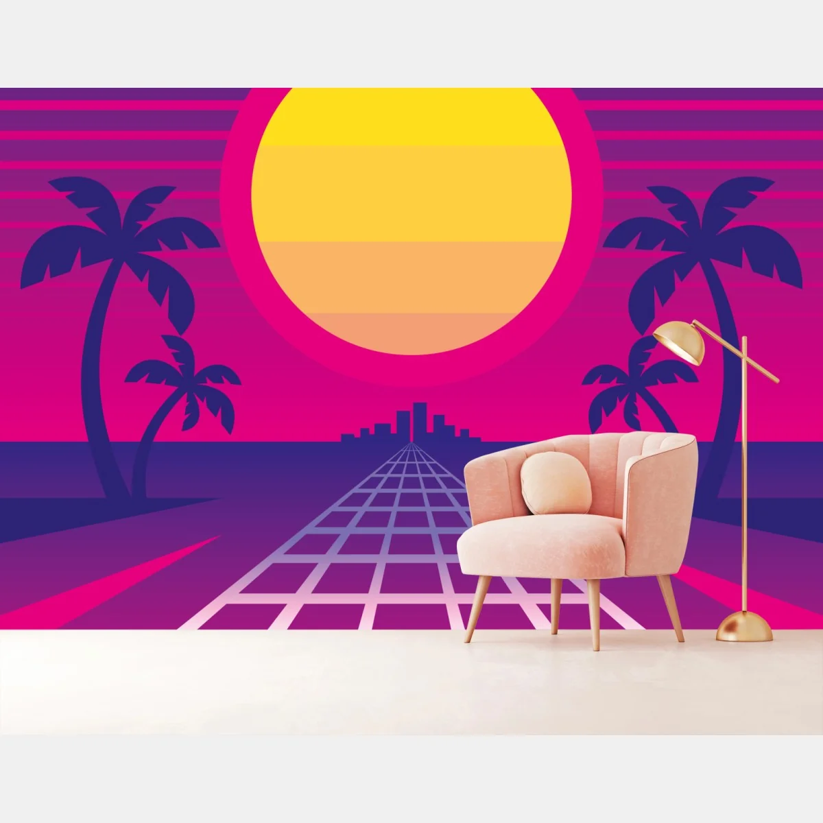 Fototapeta neonowy zachód słońca nad miastem – Wallissimo® Fototapeta neonowy zachód słońca nad miastem – Wallissimo®