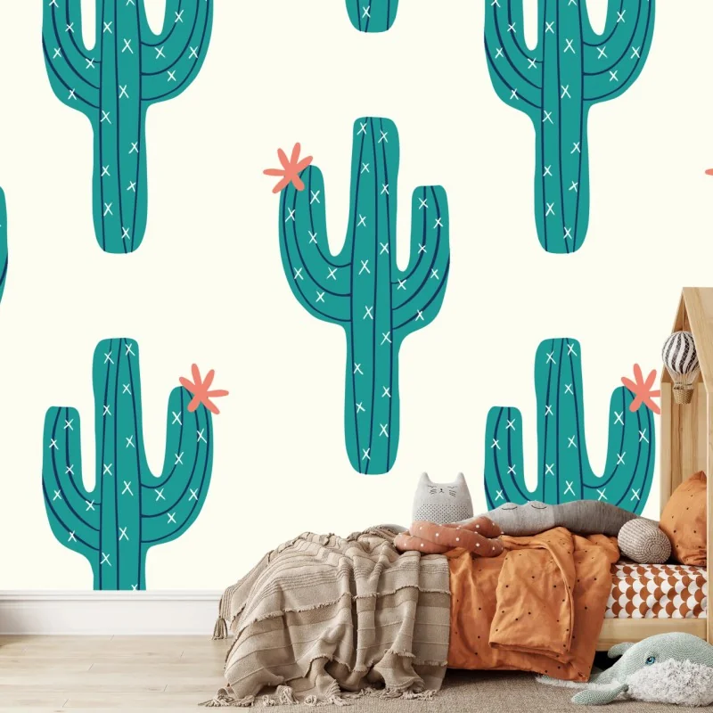 Fototapeta zabawny turkusowy wzór kaktusa – Wallissimo® Fototapeta zabawny turkusowy wzór kaktusa – Wallissimo®