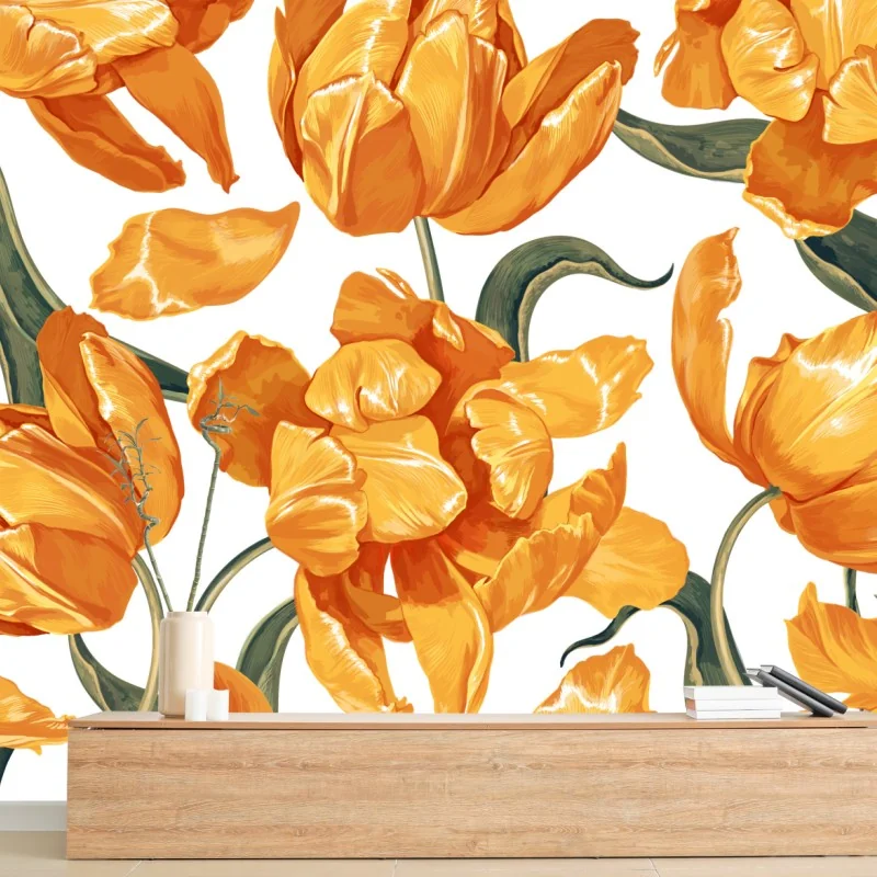Fototapeta wzór z żywymi pomarańczowymi tulipanami – Wallissimo®