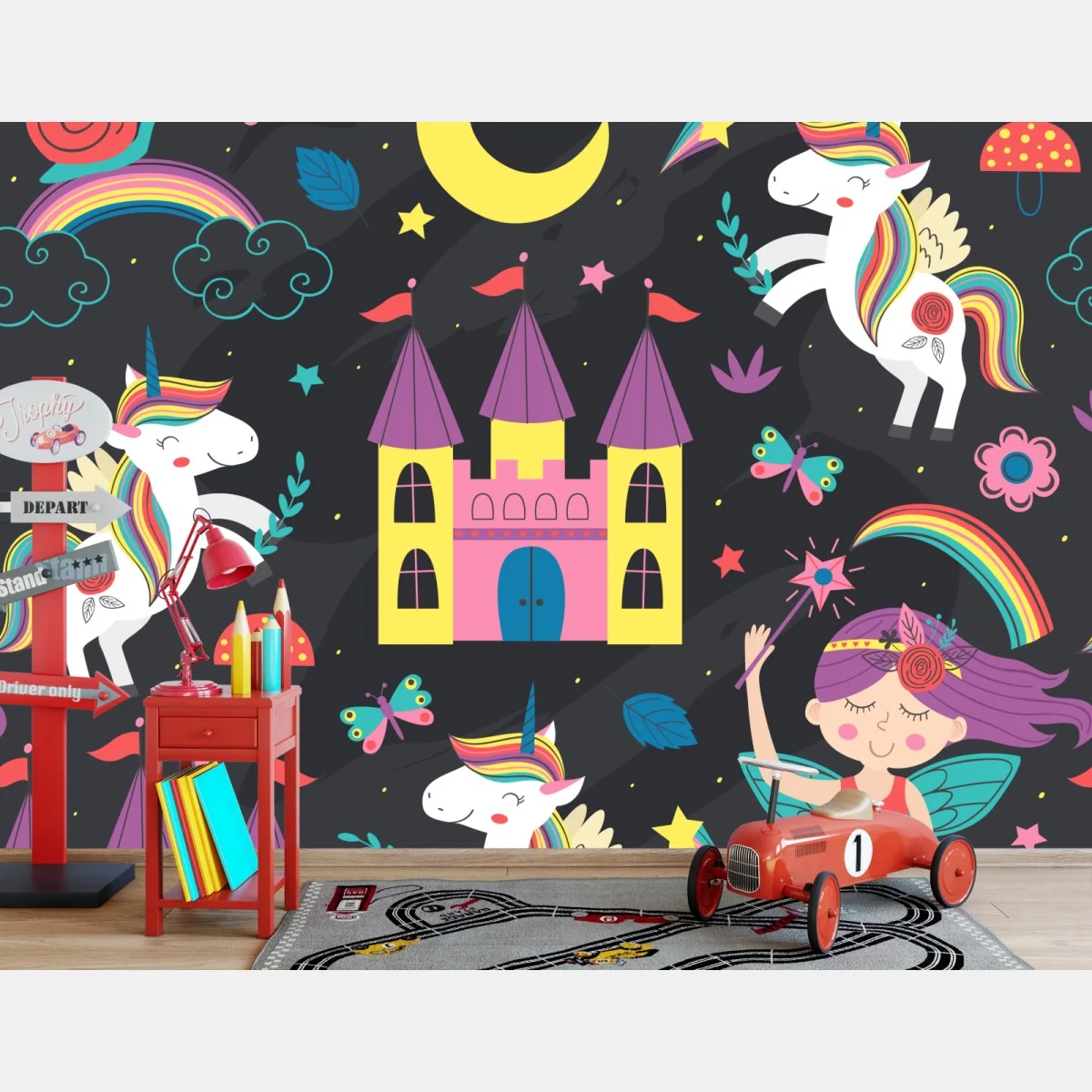 Fototapeta magiczny wzór z jednorożcami i wróżką – Wallissimo® Fototapeta magiczny wzór z jednorożcami i wróżką – Wallissimo®