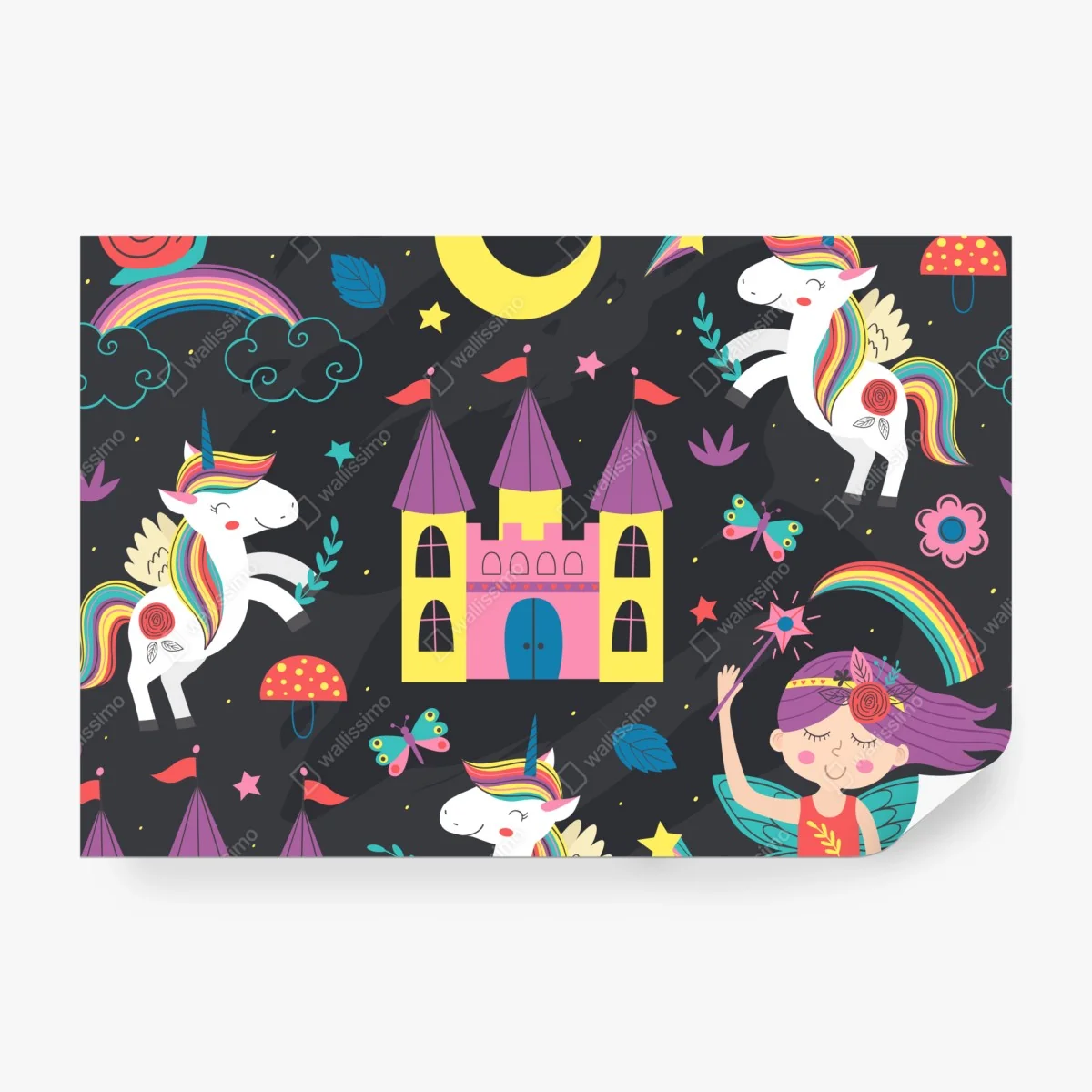 Fototapeta magiczny wzór z jednorożcami i wróżką – Wallissimo® Fototapeta magiczny wzór z jednorożcami i wróżką – Wallissimo®