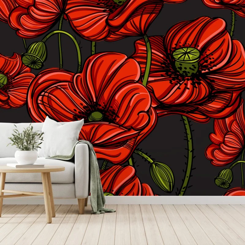 Fototapeta intensywna czerwona ilustracja maków – Wallissimo® Fototapeta intensywna czerwona ilustracja maków – Wallissimo®