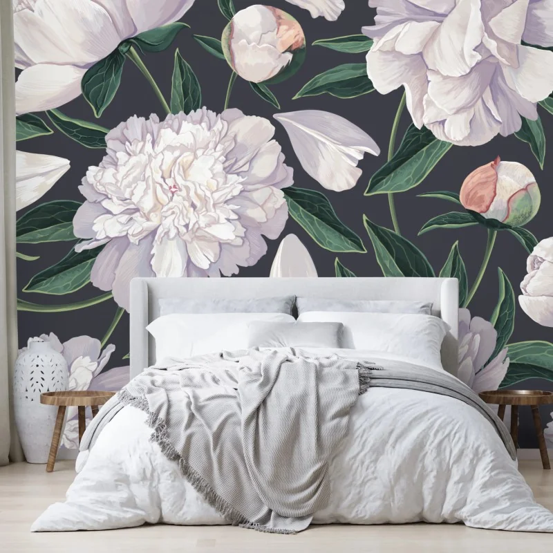 Fototapeta wzór białych piwonii na grafitowym tle – Wallissimo®