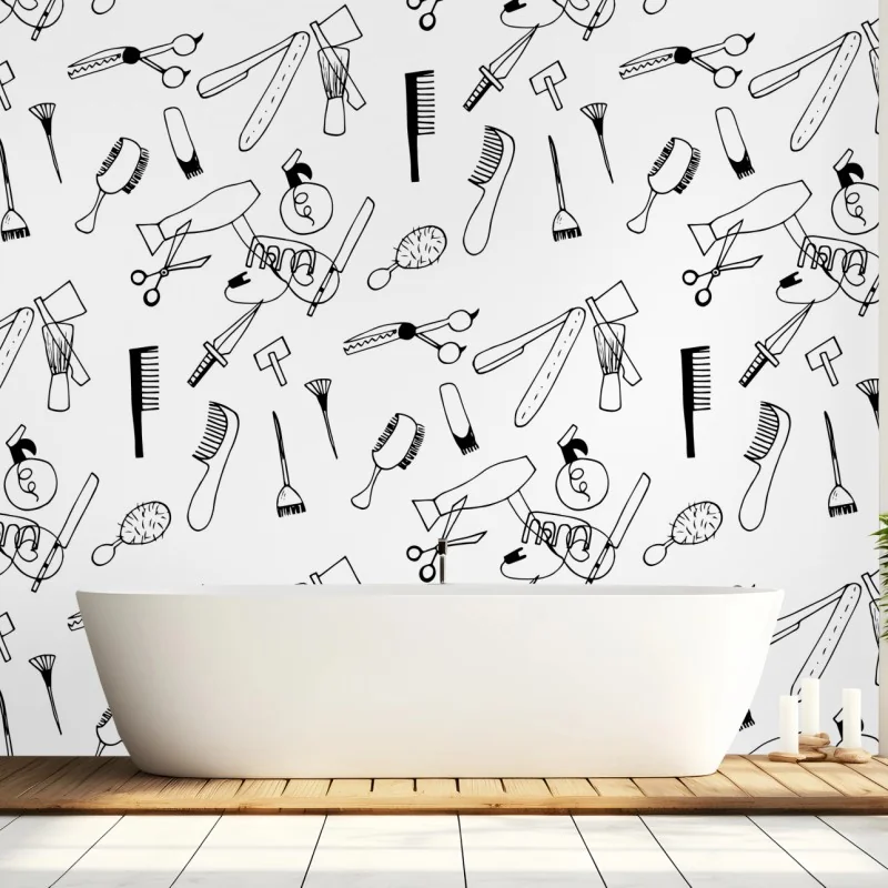 Fototapeta ręcznie rysowany wzór narzędzi fryzjerskich – Wallissimo® Fototapeta ręcznie rysowany wzór narzędzi fryzjerskich – Wallissimo®