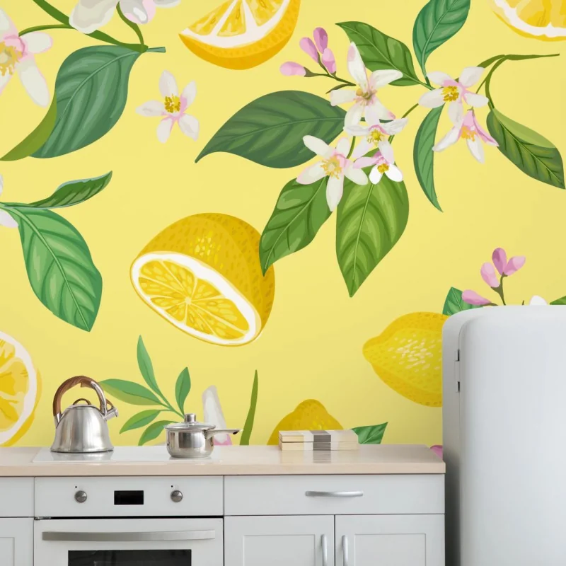 Fototapeta wzór z kwiatami i cytrynami – Wallissimo® Fototapeta wzór z kwiatami i cytrynami – Wallissimo®