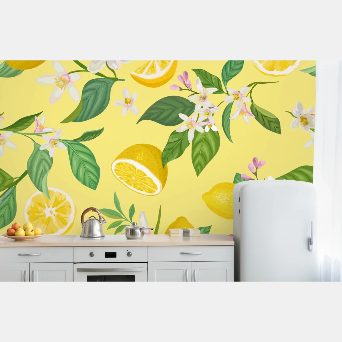 Fototapeta wzór z kwiatami i cytrynami – Wallissimo® Fototapeta wzór z kwiatami i cytrynami – Wallissimo®