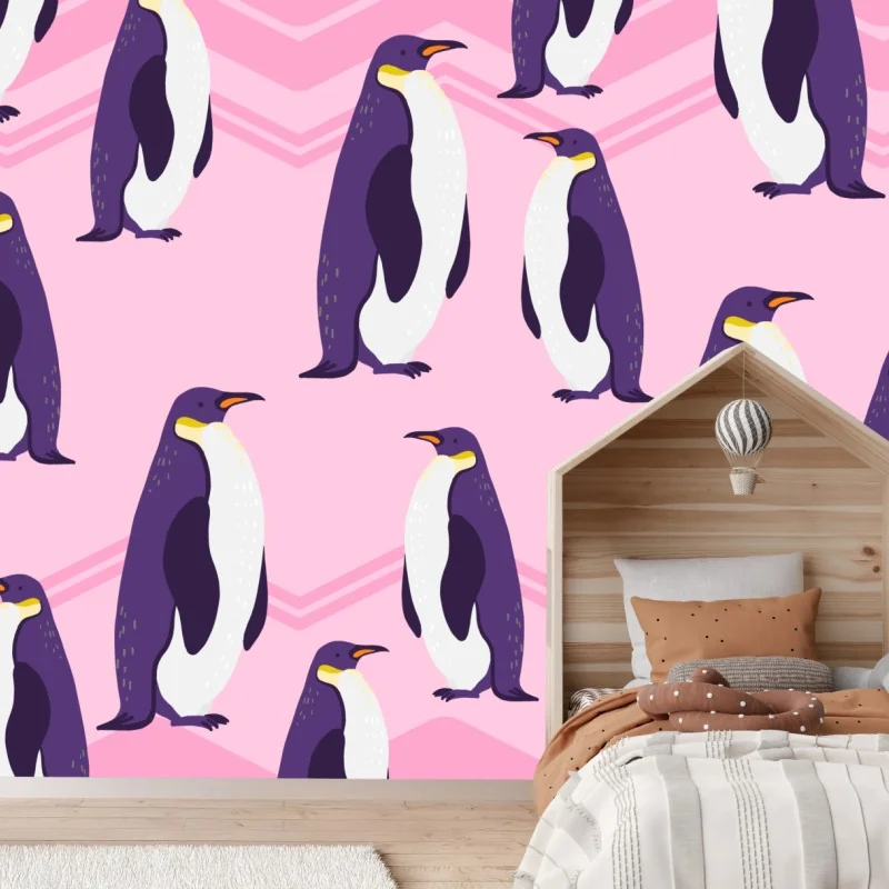 Fototapeta zabawny wzór z fioletowymi pingwinami na różowym tle – Wallissimo®
