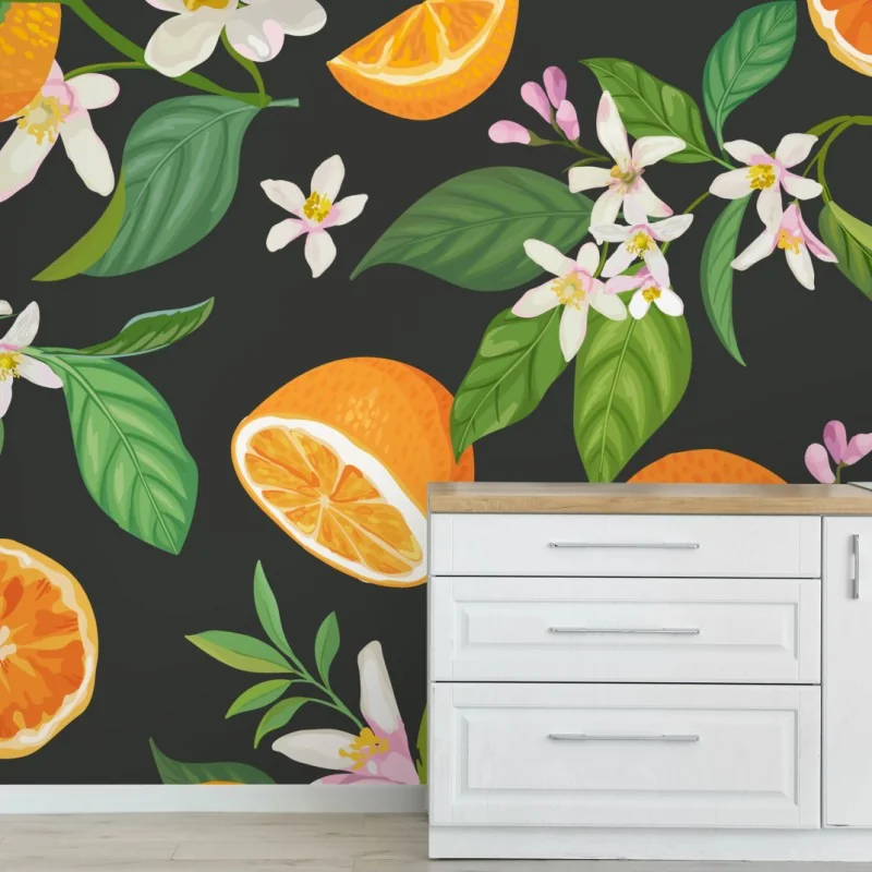 Fototapeta wzór z kwiatami i pomarańczami na ciemnym tle – Wallissimo®