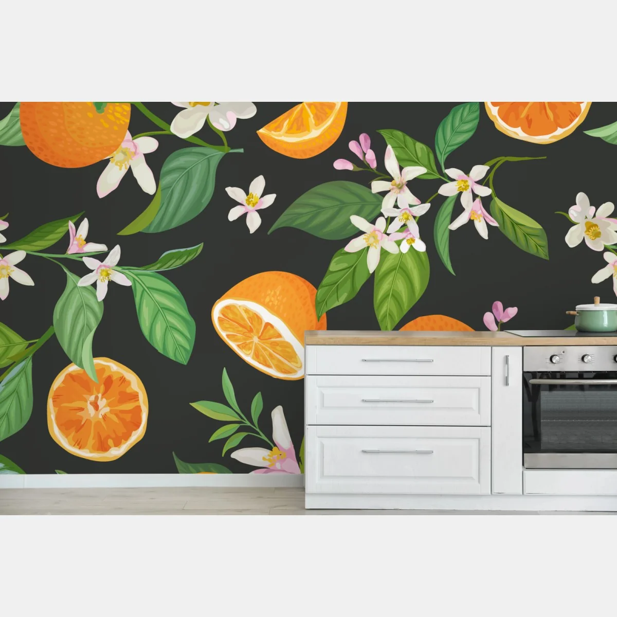 Fototapeta wzór z kwiatami i pomarańczami na ciemnym tle – Wallissimo®