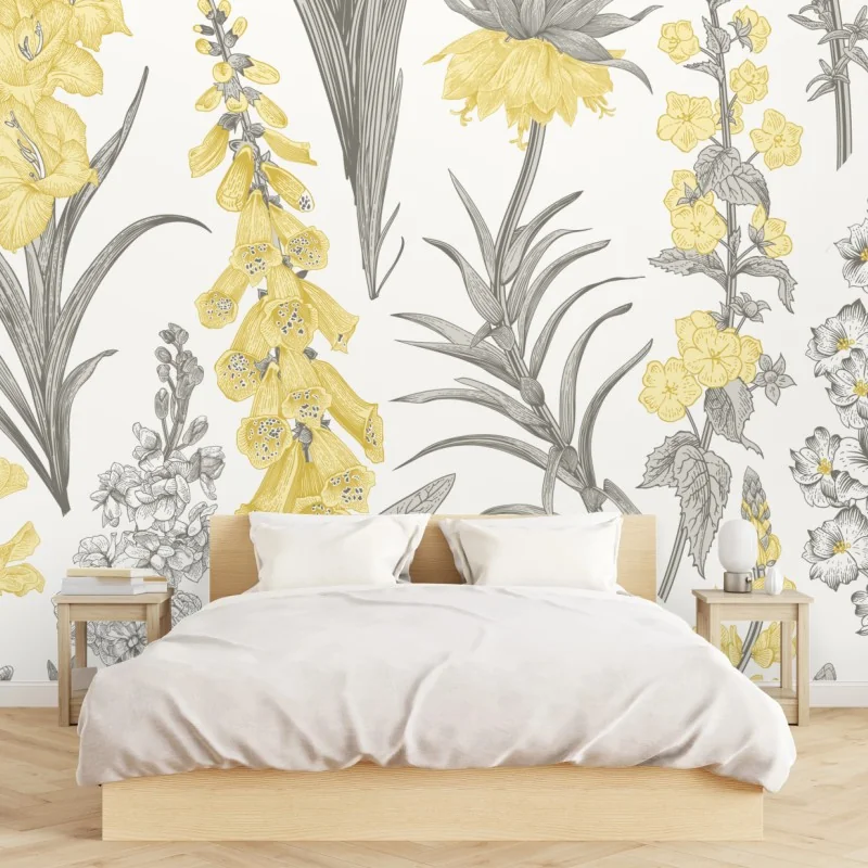 Fototapeta vintage botaniczny wzór kwiatowy w żółci i szarości – Wallissimo® Fototapeta vintage botaniczny wzór kwiatowy w żółci i szarości – Wallissimo®