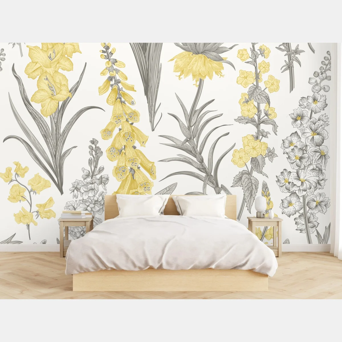 Fototapeta vintage botaniczny wzór kwiatowy w żółci i szarości – Wallissimo® Fototapeta vintage botaniczny wzór kwiatowy w żółci i szarości – Wallissimo®