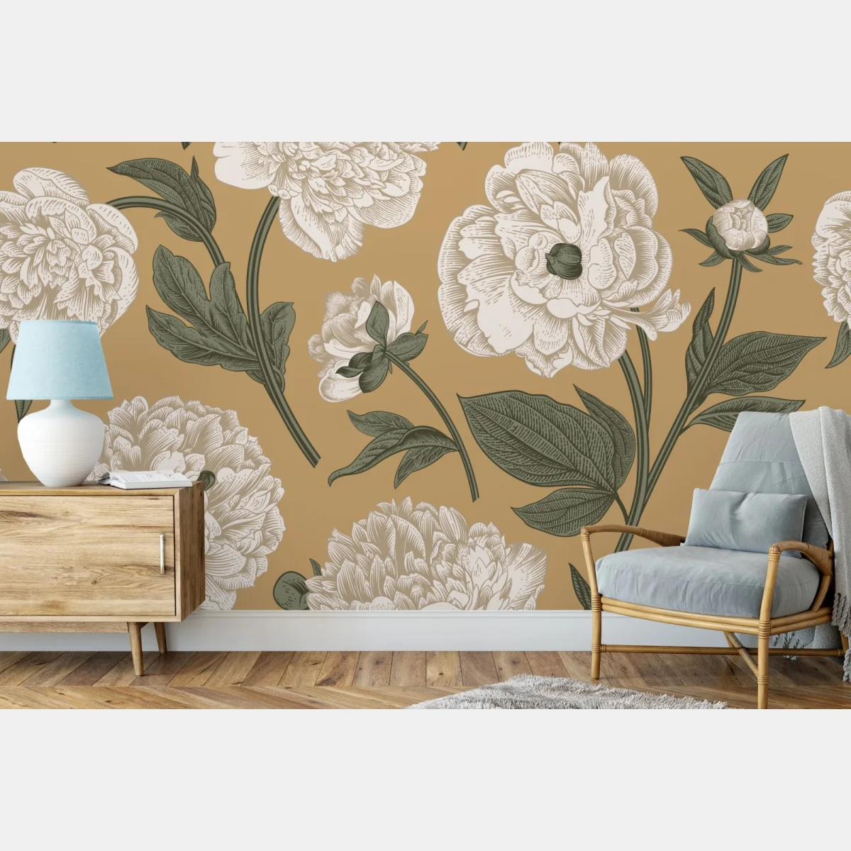 Fototapeta vintage wzór botaniczny z piwoniami – Wallissimo® Fototapeta vintage wzór botaniczny z piwoniami – Wallissimo®