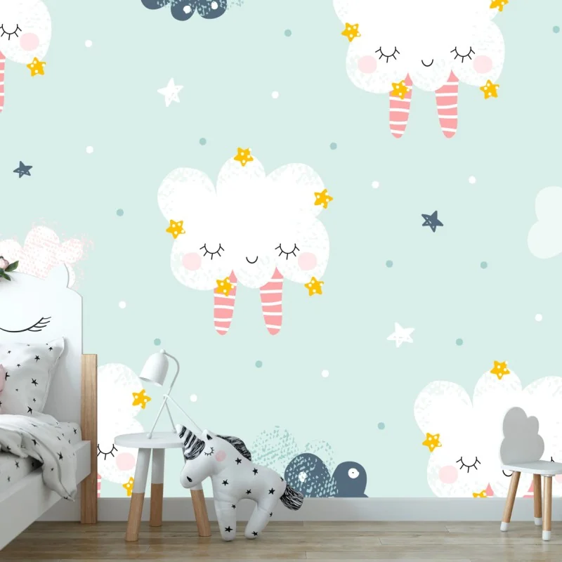 Fototapeta wzór śpiących chmur dla pokoju dziecięcego – Wallissimo® Fototapeta wzór śpiących chmur dla pokoju dziecięcego – Wallissimo®