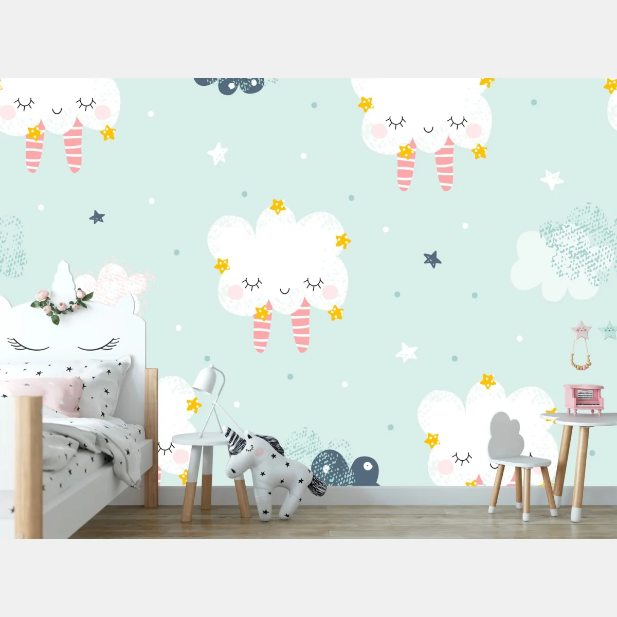 Fototapeta wzór śpiących chmur dla pokoju dziecięcego – Wallissimo® Fototapeta wzór śpiących chmur dla pokoju dziecięcego – Wallissimo®